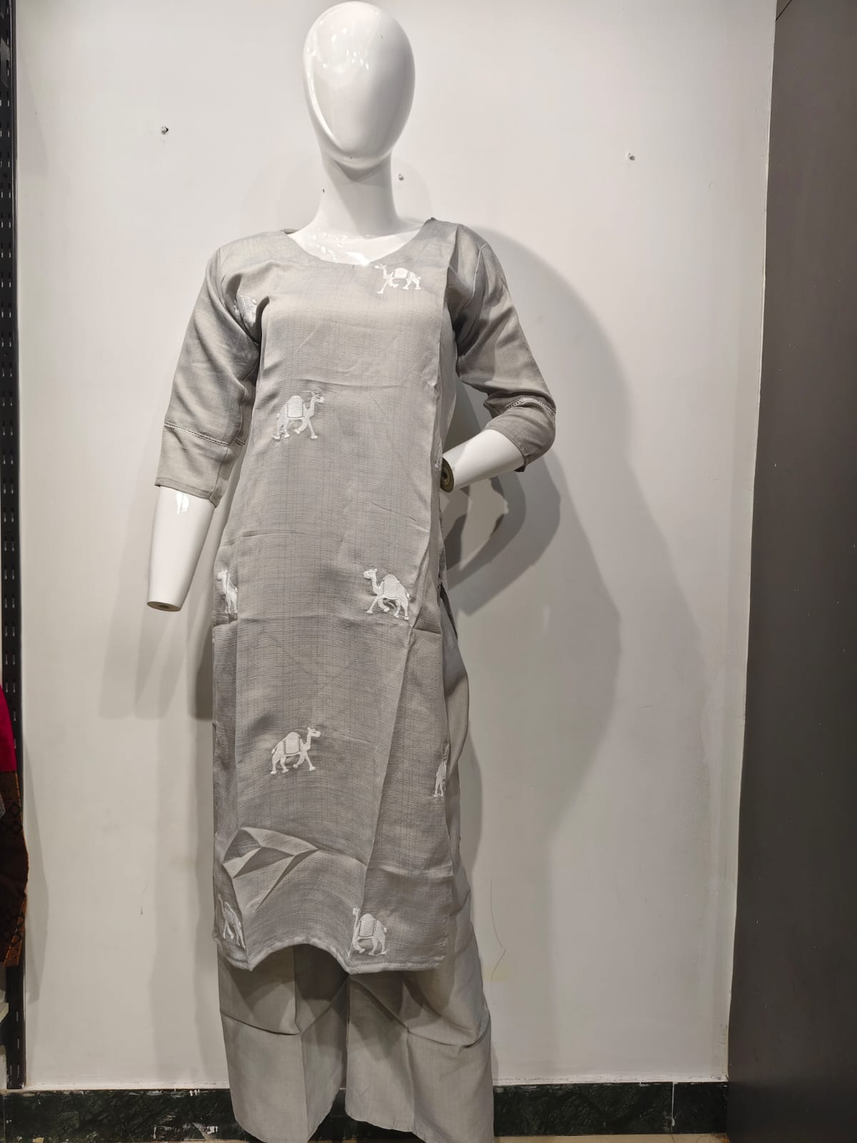 Grey Camel Embroidered Straight Kurta With Palazzo
