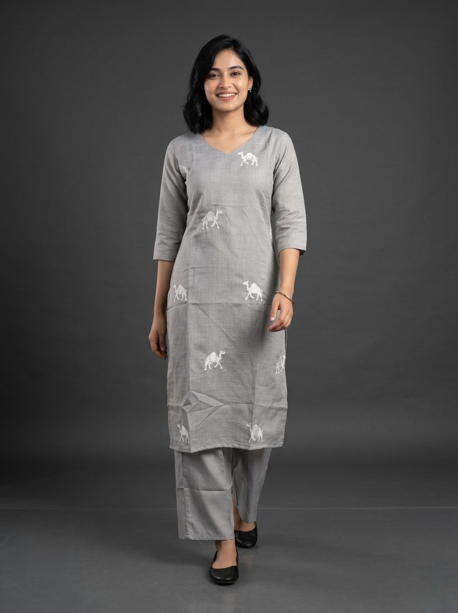 Grey Camel Embroidered Straight Kurta With Palazzo