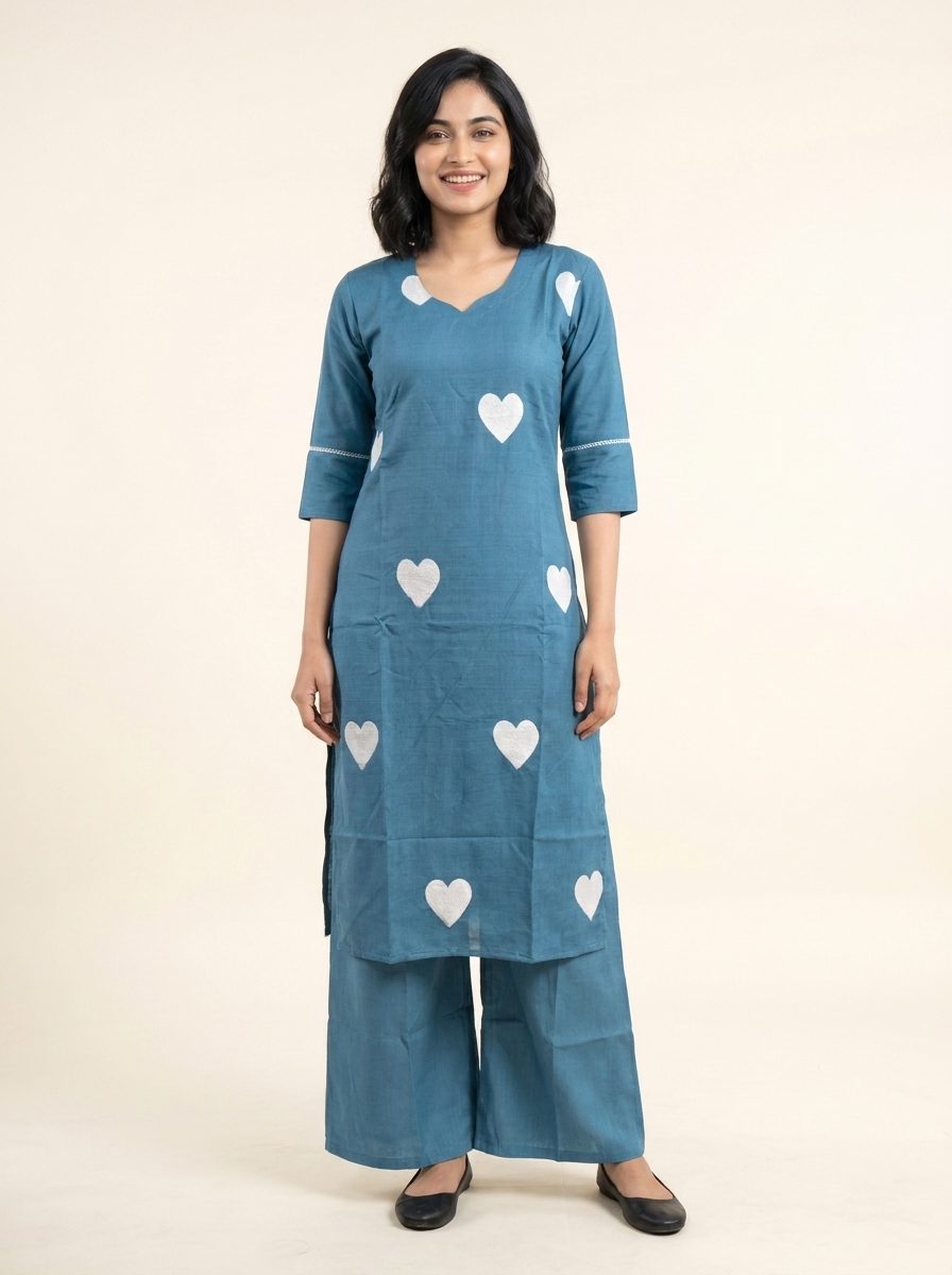 Heart Embroidered Straight Kurta With Palazzo