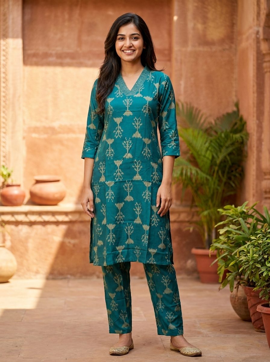 Floral Ikat Print Straight Co-Ord Set