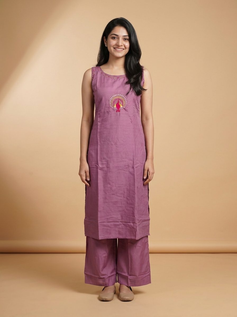 Neck Embroidered Straight Co-Ord Set