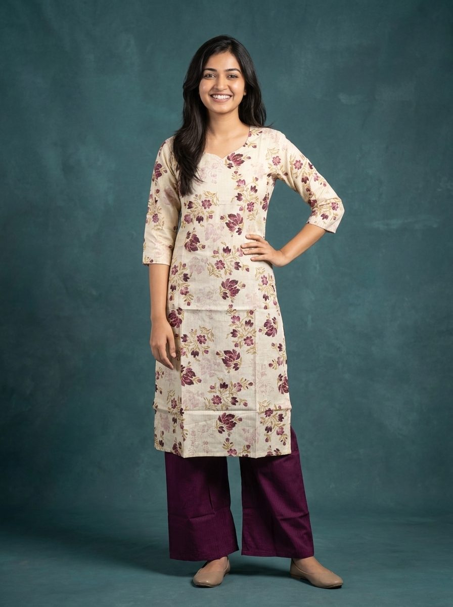 Cream Floral Printed Kurta With Set