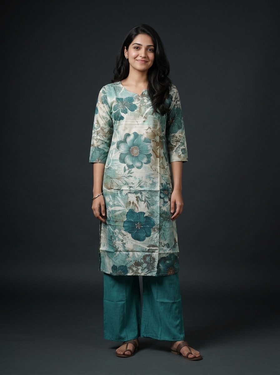 Teal Floral Printed Kurta With Co-Ord Set