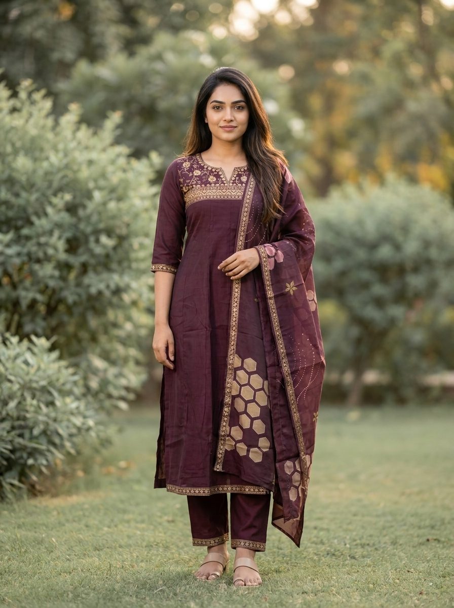 Floral Zari Yoke Kurta Set (A Line)