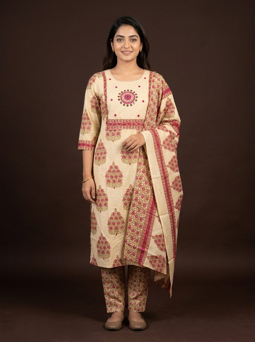 Ivory Blossom Printed Kurta Set With Dupatta