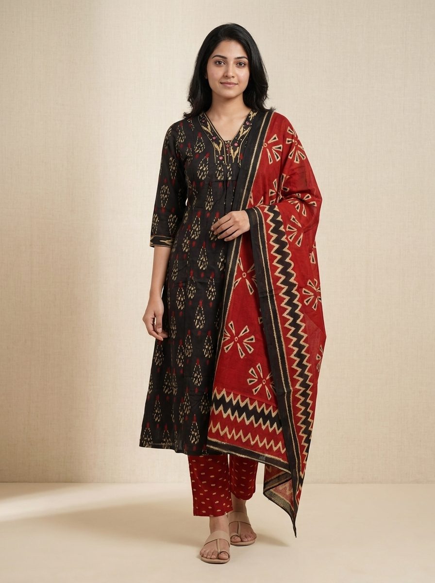 Ikat Printed Kurta Set With Dupatta