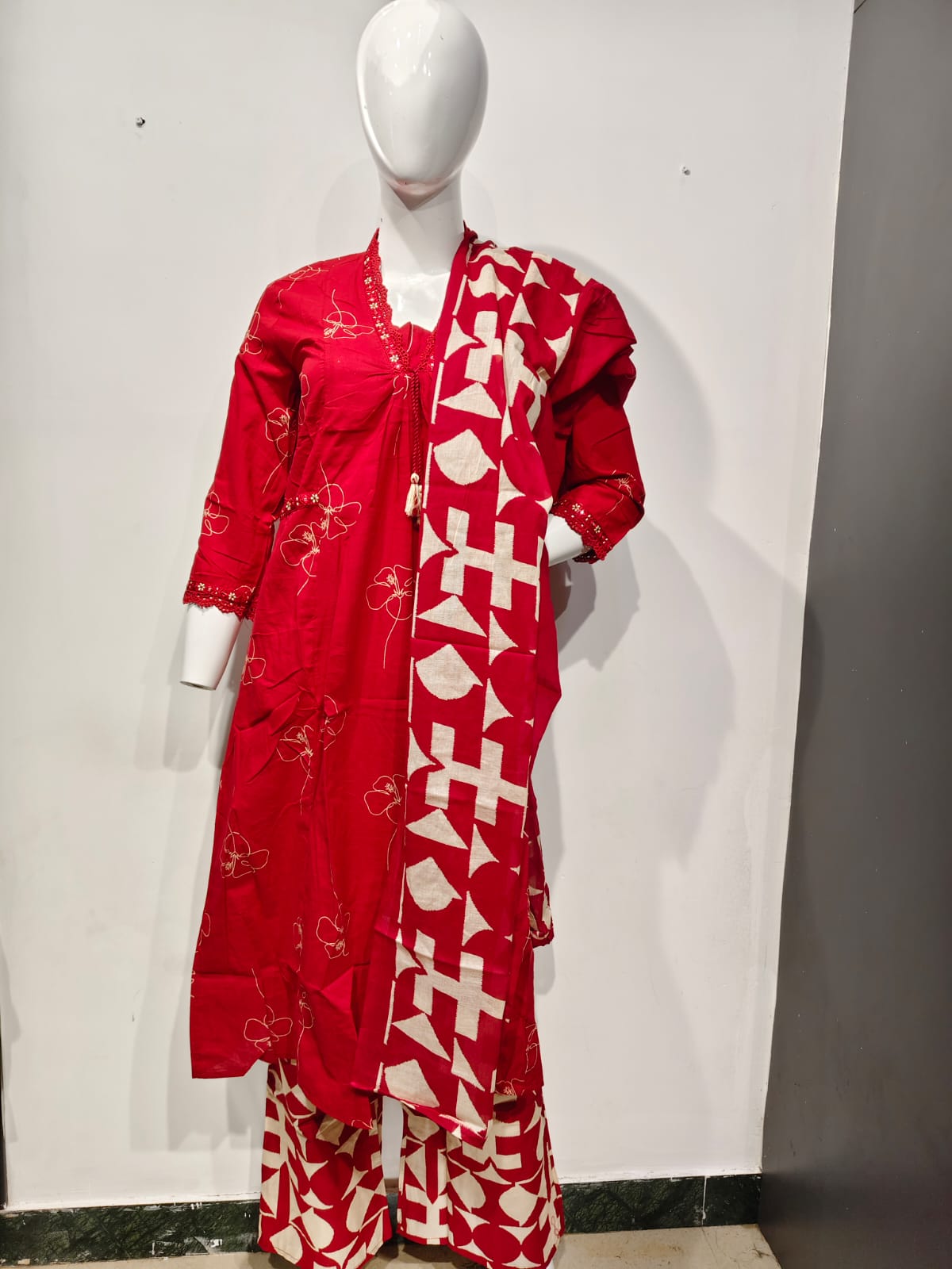 Red Embroidered 3-Piece Cotton Set