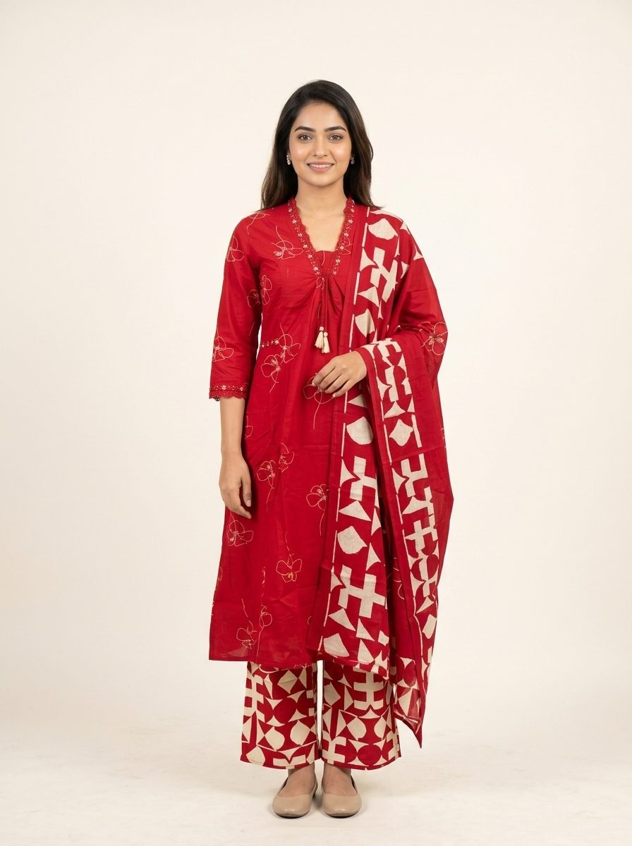 Red Embroidered 3-Piece Cotton Set