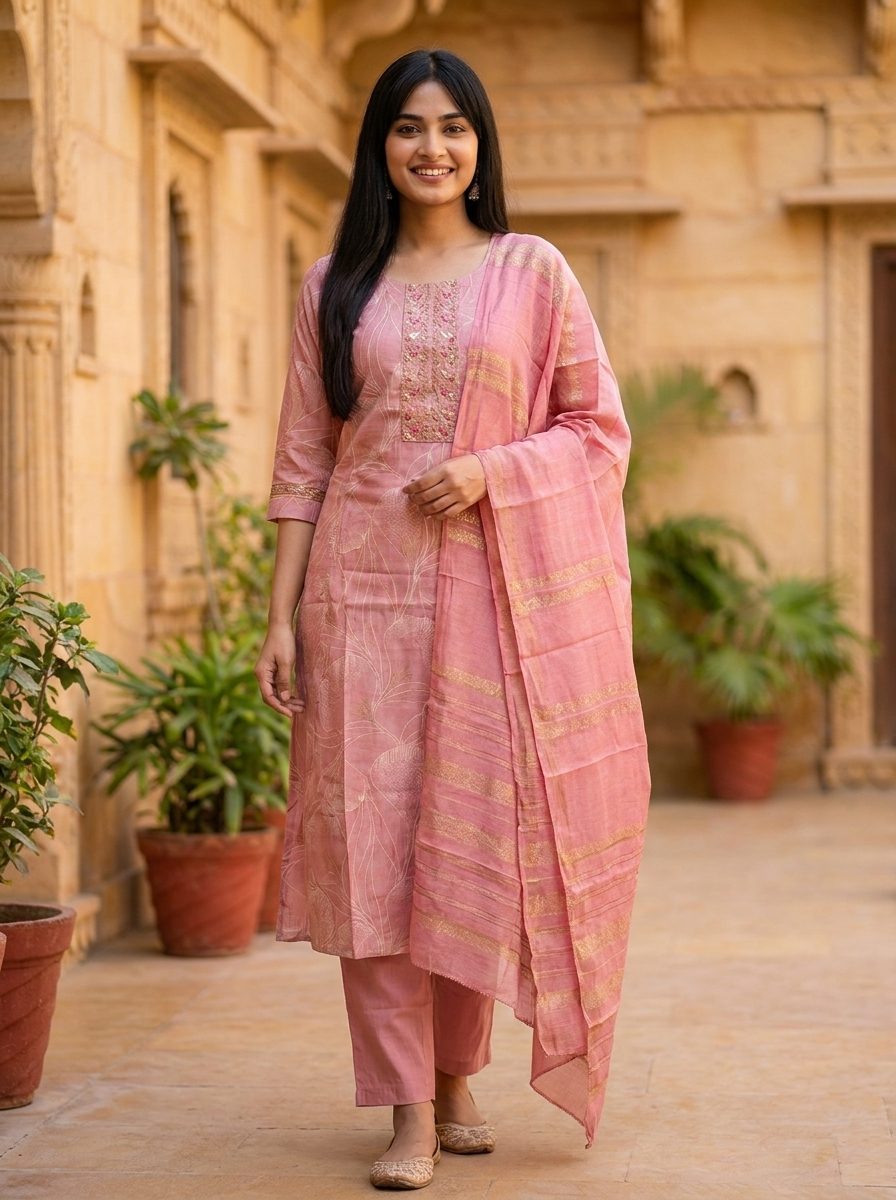 Blush Pink Embroidered Kurta Set With Dupatta