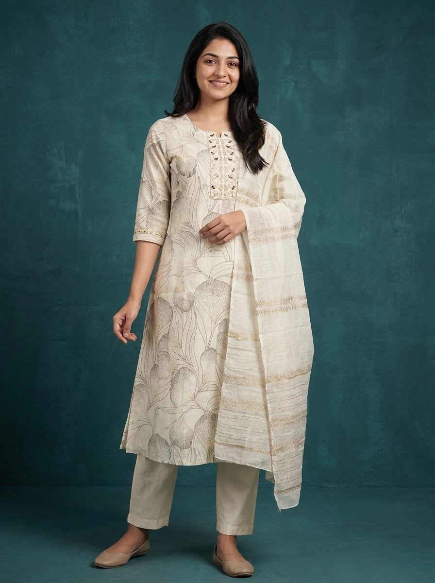 Ivory Printed Kurta Set With Dupatta