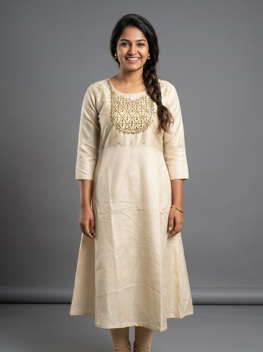 Ivory Elegance Hand-Embroidered A-Line Kurti