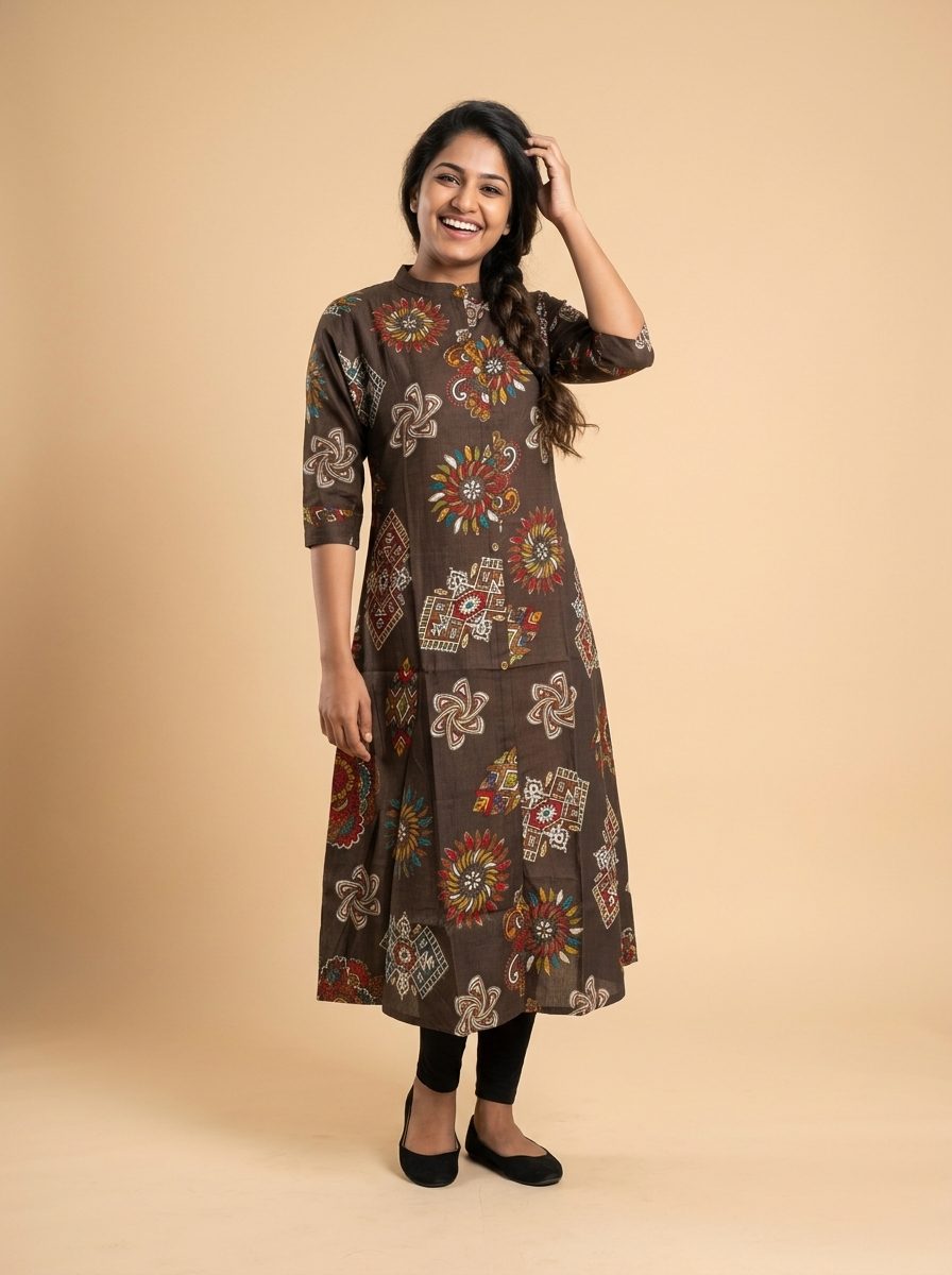 High Neck Floral Printed A-Line Kurti